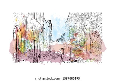 Building view with landmark of Sicily, the largest Mediterranean island, is just off the "toe" of Italy's "boot." Watercolor splash with Hand drawn sketch illustration in vector.