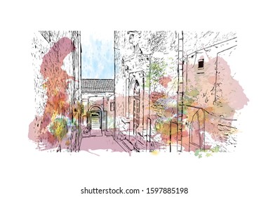 Building view with landmark of Sicily, the largest Mediterranean island, is just off the "toe" of Italy's "boot." Watercolor splash with Hand drawn sketch illustration in vector.