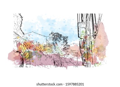 Building view with landmark of Sicily, the largest Mediterranean island, is just off the "toe" of Italy's "boot." Watercolor splash with Hand drawn sketch illustration in vector.
