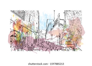 Building view with landmark of Sicily, the largest Mediterranean island, is just off the "toe" of Italy's "boot." Watercolor splash with Hand drawn sketch illustration in vector.