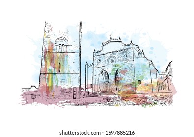 Building view with landmark of Sicily, the largest Mediterranean island, is just off the "toe" of Italy's "boot." Watercolor splash with Hand drawn sketch illustration in vector.