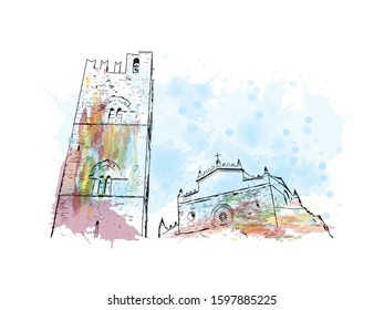 Building view with landmark of Sicily, the largest Mediterranean island, is just off the "toe" of Italy's "boot." Watercolor splash with Hand drawn sketch illustration in vector.