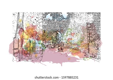 Building view with landmark of Sicily, the largest Mediterranean island, is just off the "toe" of Italy's "boot." Watercolor splash with Hand drawn sketch illustration in vector.