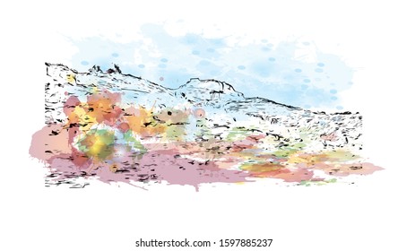 Building view with landmark of Sicily, the largest Mediterranean island, is just off the "toe" of Italy's "boot." Watercolor splash with Hand drawn sketch illustration in vector.