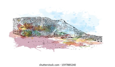 Building view with landmark of Sicily, the largest Mediterranean island, is just off the "toe" of Italy's "boot." Watercolor splash with Hand drawn sketch illustration in vector.