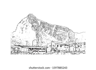Building view with landmark of Sicily, the largest Mediterranean island, is just off the "toe" of Italy's "boot." Hand drawn sketch illustration in vector.