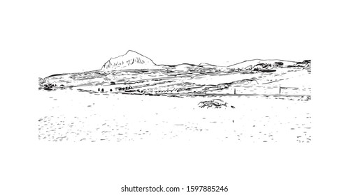 Building view with landmark of Sicily, the largest Mediterranean island, is just off the "toe" of Italy's "boot." Hand drawn sketch illustration in vector.