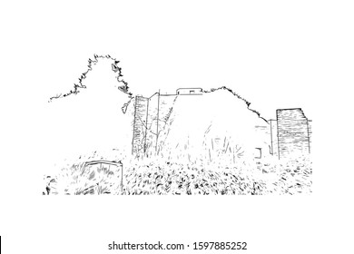 Building view with landmark of Sicily, the largest Mediterranean island, is just off the "toe" of Italy's "boot." Hand drawn sketch illustration in vector.
