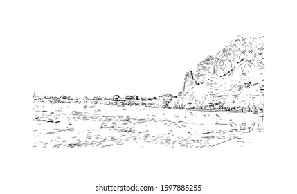 Building view with landmark of Sicily, the largest Mediterranean island, is just off the "toe" of Italy's "boot." Hand drawn sketch illustration in vector.