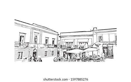 Building view with landmark of Sicily, the largest Mediterranean island, is just off the "toe" of Italy's "boot." Hand drawn sketch illustration in vector.