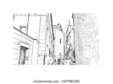 Building view with landmark of Sicily, the largest Mediterranean island, is just off the "toe" of Italy's "boot." Hand drawn sketch illustration in vector.