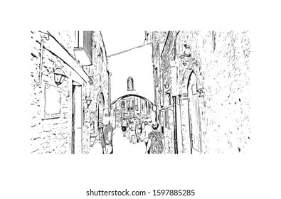 Building view with landmark of Sicily, the largest Mediterranean island, is just off the "toe" of Italy's "boot." Hand drawn sketch illustration in vector.