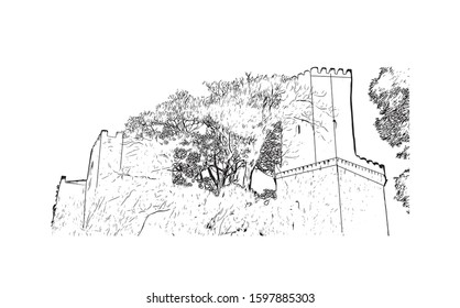 Building view with landmark of Sicily, the largest Mediterranean island, is just off the "toe" of Italy's "boot." Hand drawn sketch illustration in vector.