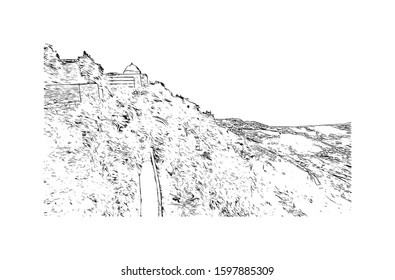 Building view with landmark of Sicily, the largest Mediterranean island, is just off the "toe" of Italy's "boot." Hand drawn sketch illustration in vector.