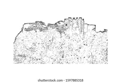 Building view with landmark of Sicily, the largest Mediterranean island, is just off the "toe" of Italy's "boot." Hand drawn sketch illustration in vector.