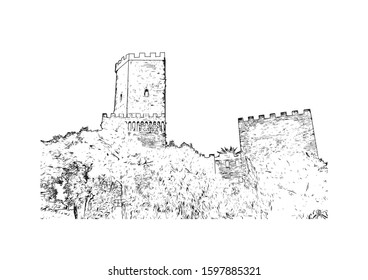 Building view with landmark of Sicily, the largest Mediterranean island, is just off the "toe" of Italy's "boot." Hand drawn sketch illustration in vector.