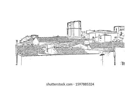 Building view with landmark of Sicily, the largest Mediterranean island, is just off the "toe" of Italy's "boot." Hand drawn sketch illustration in vector.