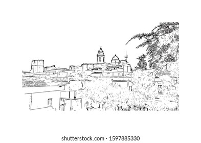 Building view with landmark of Sicily, the largest Mediterranean island, is just off the "toe" of Italy's "boot." Hand drawn sketch illustration in vector.