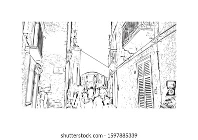 Building view with landmark of Sicily, the largest Mediterranean island, is just off the "toe" of Italy's "boot." Hand drawn sketch illustration in vector.