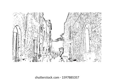 Building view with landmark of Sicily, the largest Mediterranean island, is just off the "toe" of Italy's "boot." Hand drawn sketch illustration in vector.
