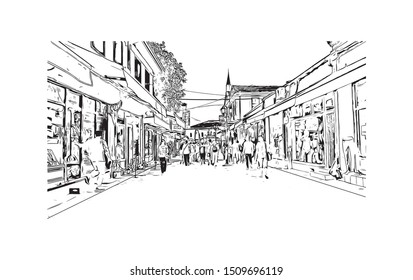 Building view with landmark of Skopje is the capital of the Republic of Macedonia. Hand drawn sketch illustration in vector.