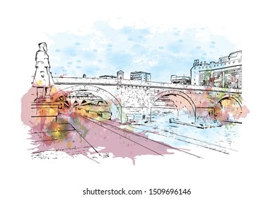 Building view with landmark of Skopje is the capital of the Republic of Macedonia. Watercolor splash with Hand drawn sketch illustration in vector.