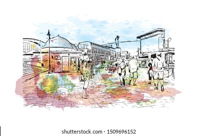 Building view with landmark of Skopje is the capital of the Republic of Macedonia. Watercolor splash with Hand drawn sketch illustration in vector.