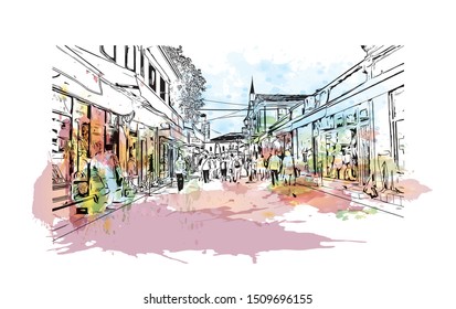 Building view with landmark of Skopje is the capital of the Republic of Macedonia. Watercolor splash with Hand drawn sketch illustration in vector.
