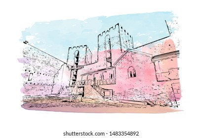 Building view with landmark of Smederevo is a city and the administrative center of the Podunavlje District in eastern Serbia. Watercolor splash with Hand drawn sketch illustration in vector.