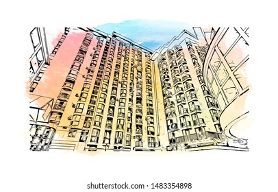 Building view with landmark of Smederevo is a city and the administrative center of the Podunavlje District in eastern Serbia. Watercolor splash with Hand drawn sketch illustration in vector.