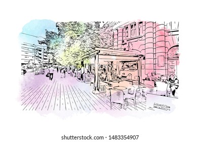 Building view with landmark of Smederevo is a city and the administrative center of the Podunavlje District in eastern Serbia. Watercolor splash with Hand drawn sketch illustration in vector.