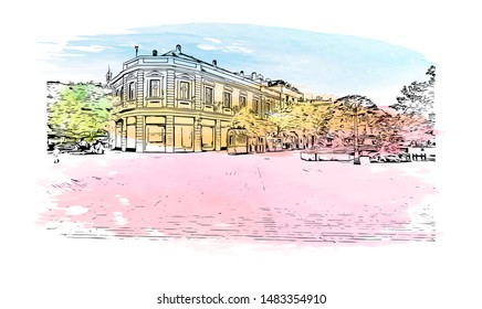 Building view with landmark of Smederevo is a city and the administrative center of the Podunavlje District in eastern Serbia. Watercolor splash with Hand drawn sketch illustration in vector.