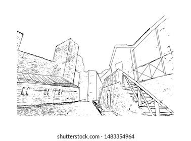 Building view with landmark of Smederevo is a city and the administrative center of the Podunavlje District in eastern Serbia. Hand drawn sketch illustration in vector.