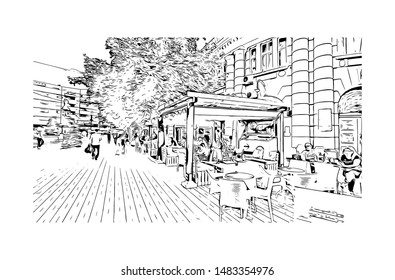 Building view with landmark of Smederevo is a city and the administrative center of the Podunavlje District in eastern Serbia. Hand drawn sketch illustration in vector.