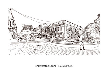 Building view with landmark of Sombor
City in Serbia. Hand drawn sketch illustration in vector.