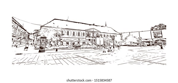 Building view with landmark of Sombor
City in Serbia. Hand drawn sketch illustration in vector.