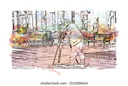 Building view with landmark of Sombor
City in Serbia. Watercolor splash with Hand drawn sketch illustration in vector.