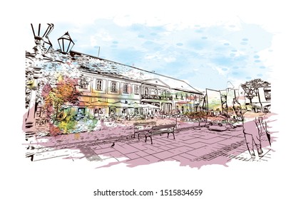 Building view with landmark of Sombor
City in Serbia. Watercolor splash with Hand drawn sketch illustration in vector.