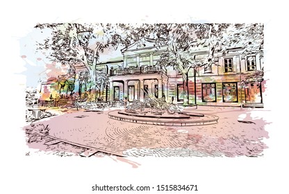 Building view with landmark of Sombor
City in Serbia. Watercolor splash with Hand drawn sketch illustration in vector.