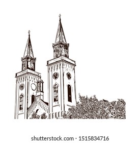 Building view with landmark of Sombor
City in Serbia. Hand drawn sketch illustration in vector.