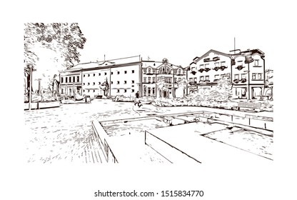 Building view with landmark of Sombor
City in Serbia. Hand drawn sketch illustration in vector.