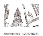 Building view with landmark of Southern Spain, a country on Europe’s Iberian Peninsula, includes diverse geography and cultures. Hand drawn sketch illustration in vector. 
