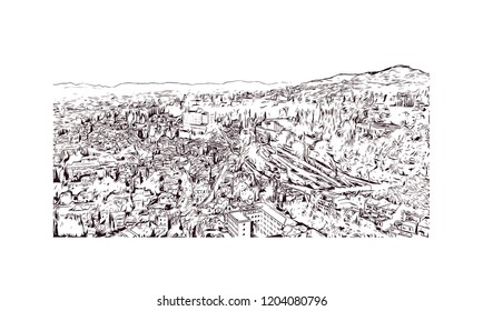 Building view with landmark of Southern Spain, a country on Europe’s Iberian Peninsula, includes diverse geography and cultures. Hand drawn sketch illustration in vector. 