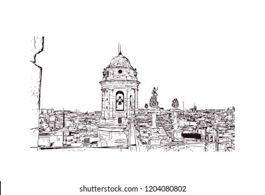 Building view with landmark of Southern Spain, a country on Europe’s Iberian Peninsula, includes diverse geography and cultures. Hand drawn sketch illustration in vector. 