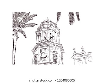 Building view with landmark of Southern Spain, a country on Europe’s Iberian Peninsula, includes diverse geography and cultures. Hand drawn sketch illustration in vector. 