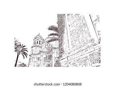 Building view with landmark of Southern Spain, a country on Europe’s Iberian Peninsula, includes diverse geography and cultures. Hand drawn sketch illustration in vector. 