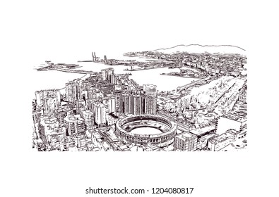 Building view with landmark of Southern Spain, a country on Europe’s Iberian Peninsula, includes diverse geography and cultures. Hand drawn sketch illustration in vector. 