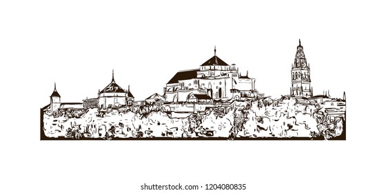 Building view with landmark of Southern Spain, a country on Europe’s Iberian Peninsula, includes diverse geography and cultures. Hand drawn sketch illustration in vector. 