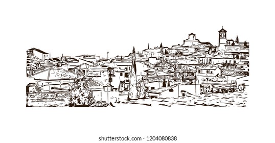 Building view with landmark of Southern Spain, a country on Europe’s Iberian Peninsula, includes diverse geography and cultures. Hand drawn sketch illustration in vector. 