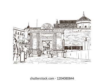 Building view with landmark of Southern Spain, a country on Europe’s Iberian Peninsula, includes diverse geography and cultures. Hand drawn sketch illustration in vector. 